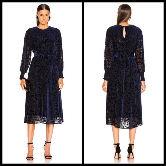 💕THE GREAT💕 The Merry Dress ~ Navy Blue Velvet Burnout Polka Dot Midi M NWT - Picture 1 of 16